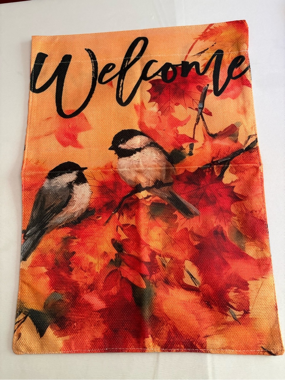 Welcome Autumn Birds Garden Flag - Orange Red Fall Leaves